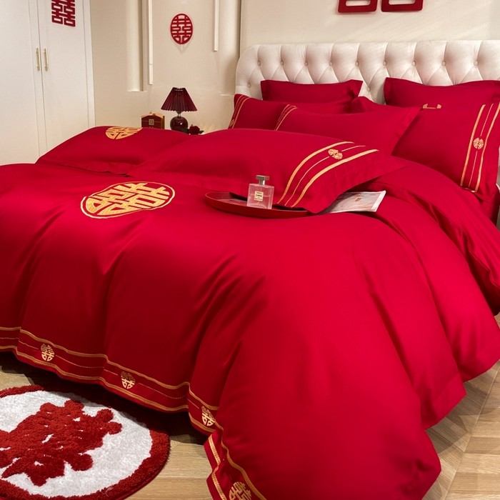 91家纺网 家纺一手货源 找家纺 欧乐蒂 2025新款亲肤棉婚庆刺绣四件套系列 爱恋