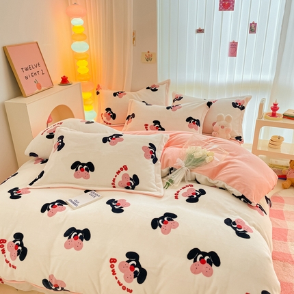 呗旺鹿 2024新款高克重印花牛奶绒四件套 萌宠