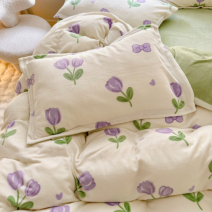 91家纺网 家纺一手货源 找家纺 呗旺鹿 2024新款高克重印花牛奶绒四件套 郁金香