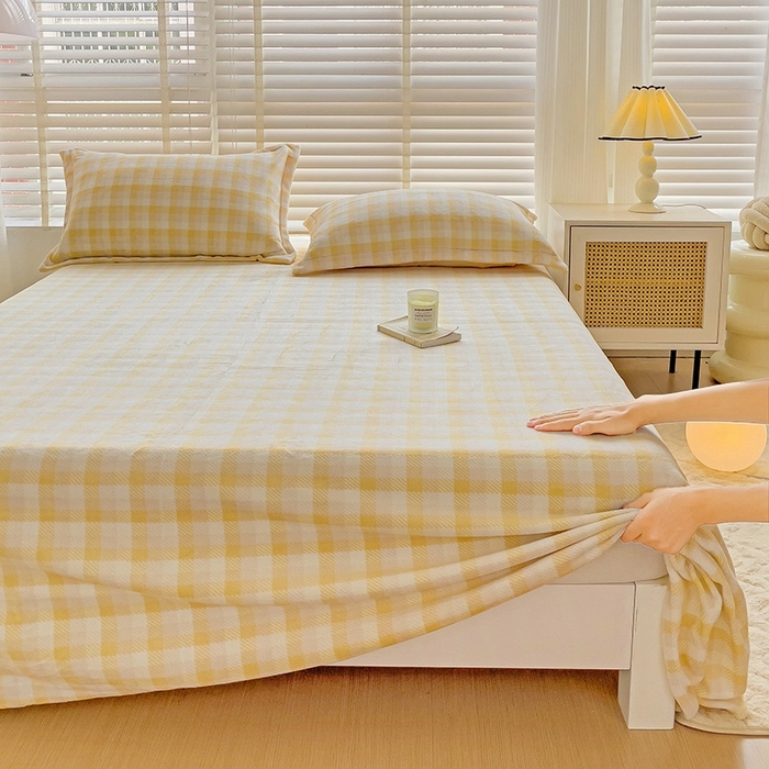 91家纺网 家纺一手货源 找家纺 简一 2024新款牛奶绒无印风ins风方格系列-单枕套 无印风方格方格-浅黄