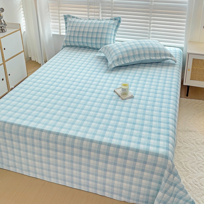 91家纺网 家纺一手货源 找家纺 简一 2024新款牛奶绒无印风ins风方格系列-单床单 无印风方格方格-浅蓝