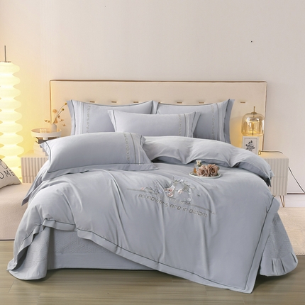 91家纺网 家纺一手货源 找家纺 OL家纺 2024新款磨毛暖绒床盖夹棉四件套刺绣轻奢风 高级灰