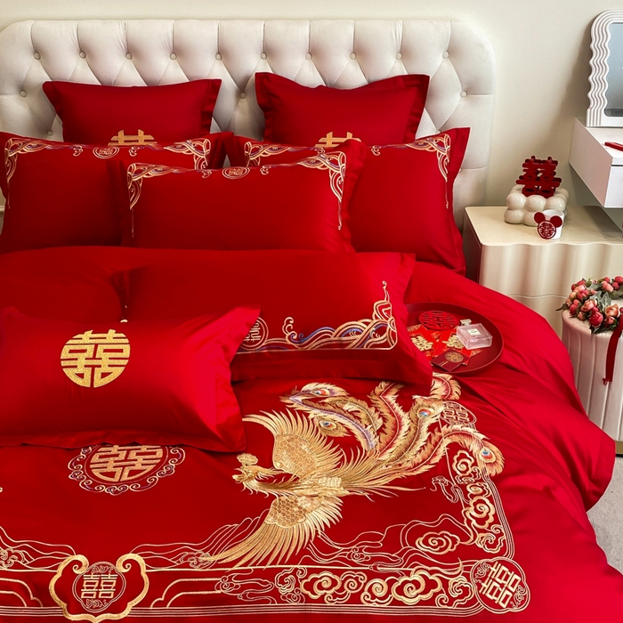 91家纺网 家纺一手货源 找家纺 欧乐蒂 2025新款亲肤棉婚庆刺绣四件套系列 龙腾凤跃