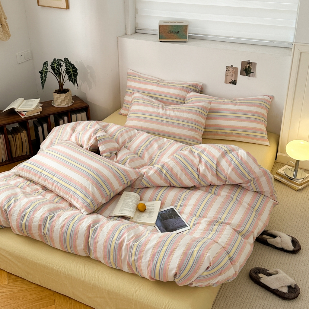 91家纺网 家纺一手货源 找家纺 久典家居 2024新款水洗棉条纹系列四件套 米娅