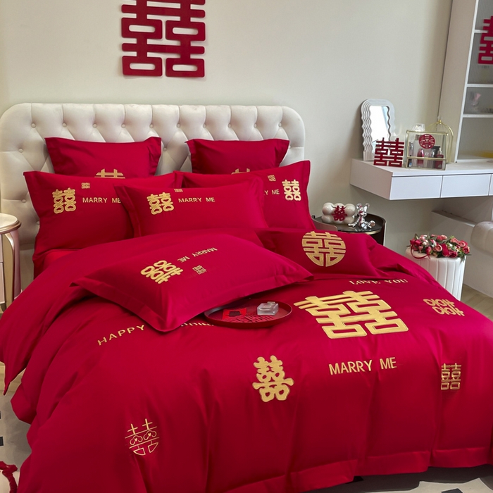 91家纺网 家纺一手货源 找家纺 欧乐蒂 2025新款亲肤棉婚庆刺绣四件套系列 大喜-金