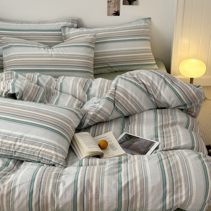 91家纺网 家纺一手货源 找家纺 久典家居 2024新款水洗棉条纹系列单被套 沐妍绿