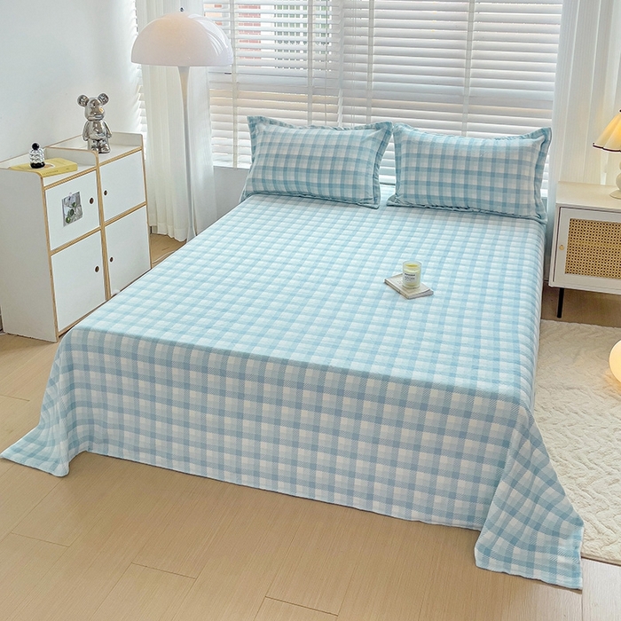91家纺网 家纺一手货源 找家纺 简一 2024新款牛奶绒无印风ins风方格系列-单床单 无印风方格方格-浅蓝