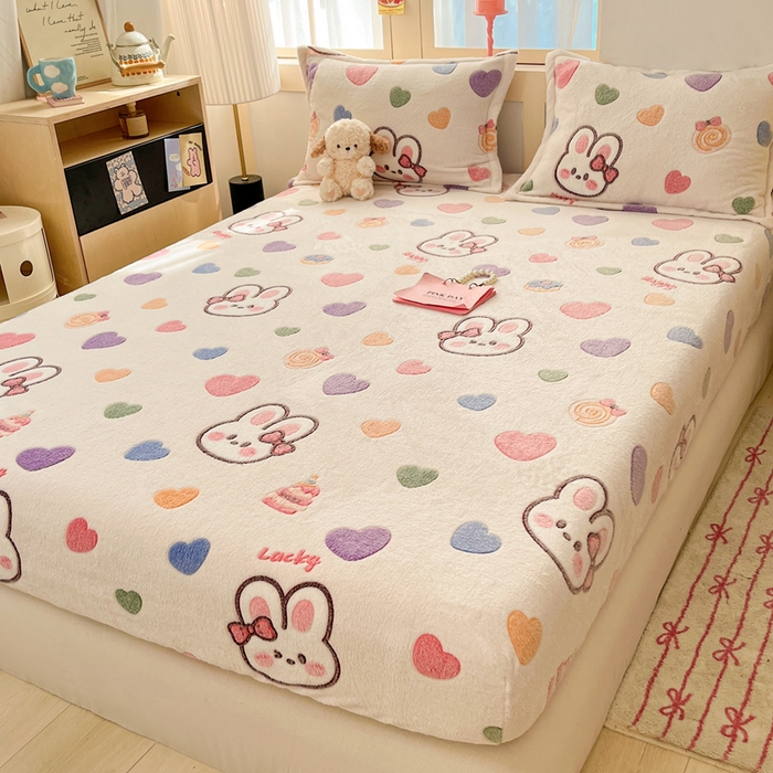 91家纺网 家纺一手货源 找家纺 川悦生活 2024新款高克重雪花绒加厚保暖床笠 床笠泡芙小兔