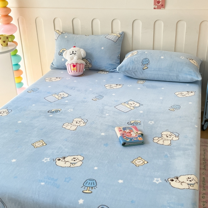 91家纺网 家纺一手货源 找家纺  星座家纺 2025新款小清新牛奶绒单床笠 早安狗