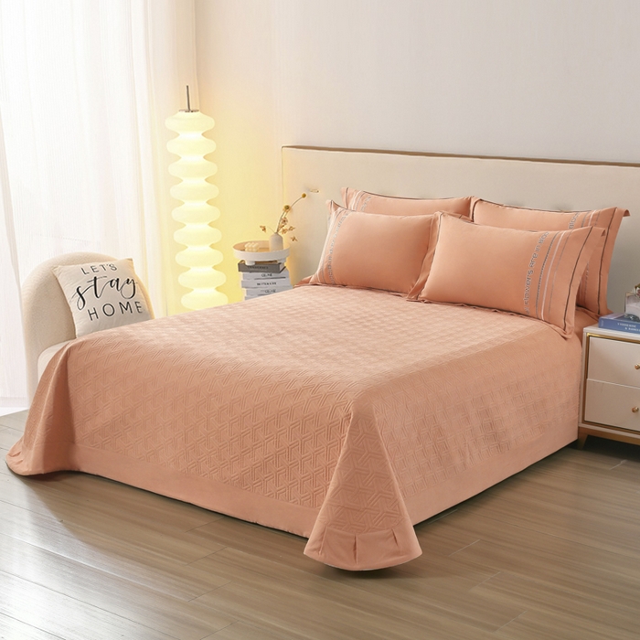 91家纺网 家纺一手货源 找家纺 OL家纺 2024新款磨毛暖绒床盖夹棉四件套刺绣轻奢风 橘黄色