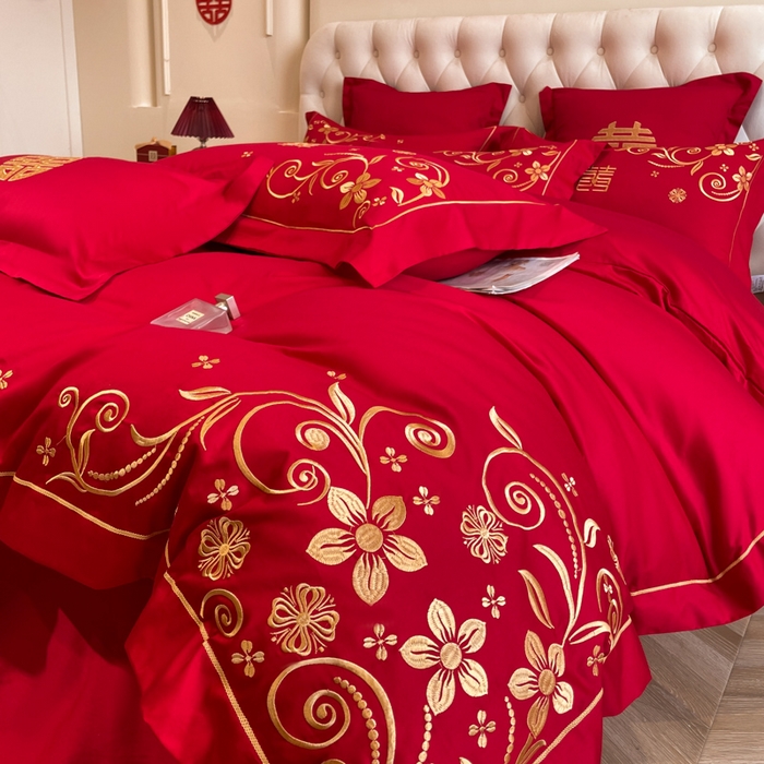 91家纺网 家纺一手货源 找家纺 欧乐蒂 2025新款亲肤棉婚庆刺绣四件套系列 金枝玉叶