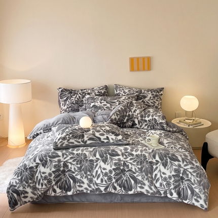 金爱家 2024新品全消光A类纯色獭兔毛绒立体牛奶绒兔毛雕花350克四件套 兔毛繁花灰色