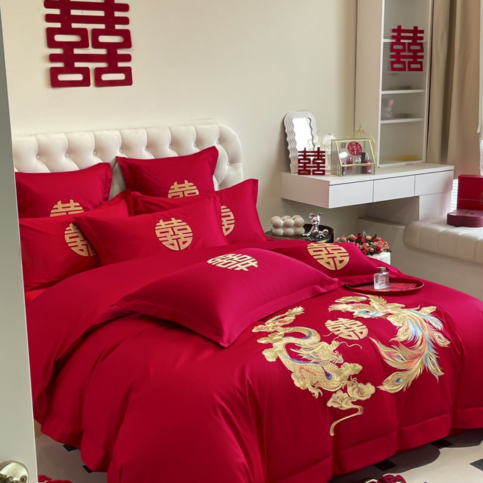 91家纺网 家纺一手货源 找家纺 欧乐蒂 2025新款亲肤棉婚庆刺绣四件套系列 欢喜龙凤