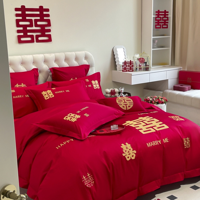 91家纺网 家纺一手货源 找家纺 欧乐蒂 2025新款亲肤棉婚庆刺绣四件套系列 大喜-金