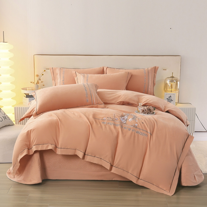 91家纺网 家纺一手货源 找家纺 OL家纺 2024新款磨毛暖绒床盖夹棉四件套刺绣轻奢风 橘黄色