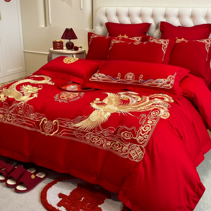 91家纺网 家纺一手货源 找家纺 欧乐蒂 2025新款亲肤棉婚庆刺绣四件套系列 龙腾凤跃