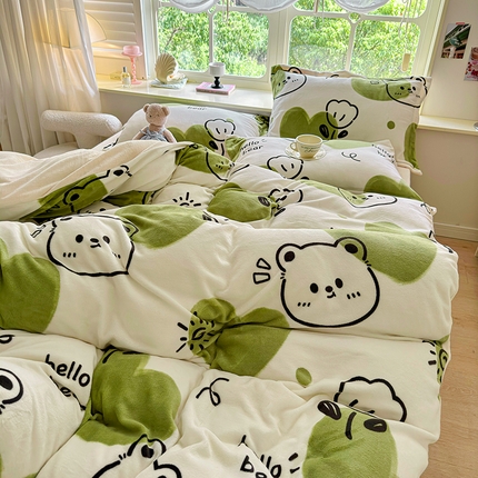 呗旺鹿 2024新款高克重印花牛奶绒四件套 开心熊
