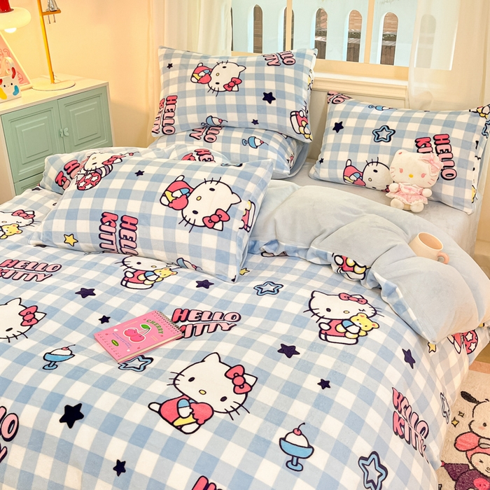 91家纺网 家纺一手货源 找家纺 桃子家居 2024新款三丽鸥卡通加厚高克重200克牛奶绒系列四件套 绒三丽鸥-蓝格星星kitty