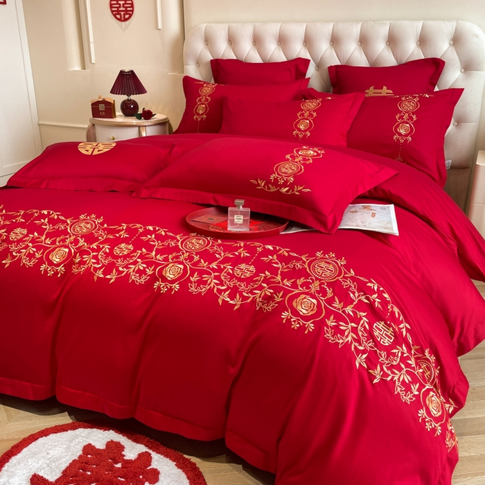 91家纺网 家纺一手货源 找家纺 欧乐蒂 2025新款亲肤棉婚庆刺绣四件套系列 浪漫喜事