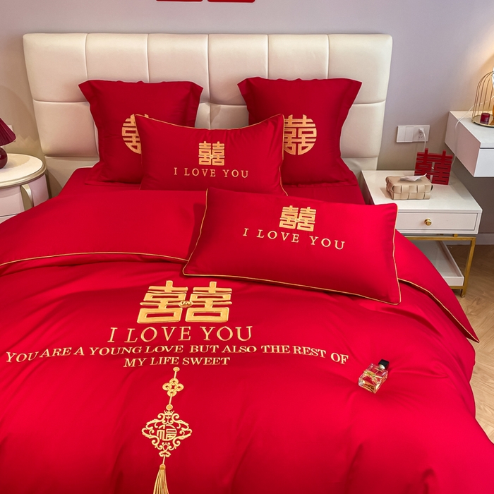 91家纺网 家纺一手货源 找家纺 欧乐蒂 2025新款亲肤棉婚庆刺绣四件套系列 今生今世