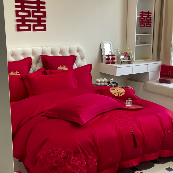 91家纺网 家纺一手货源 找家纺 欧乐蒂 2025新款亲肤棉婚庆刺绣四件套系列 花开富贵-红