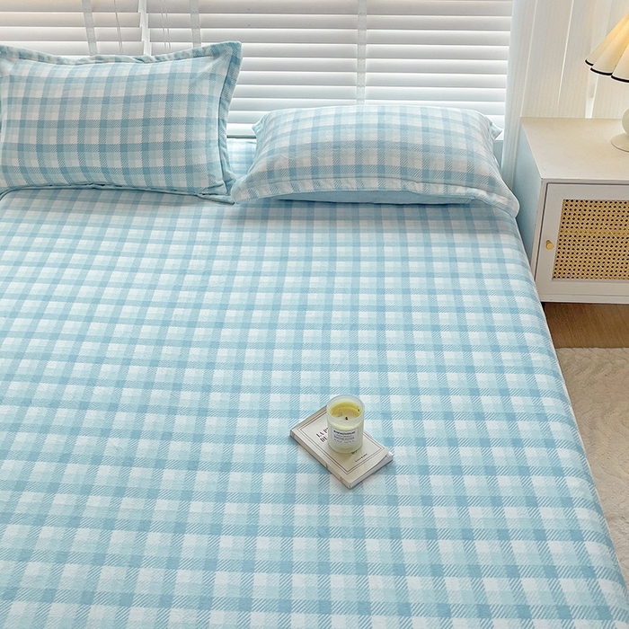 91家纺网 家纺一手货源 找家纺 简一 2024新款牛奶绒无印风ins风方格系列-单床单 无印风方格方格-浅蓝