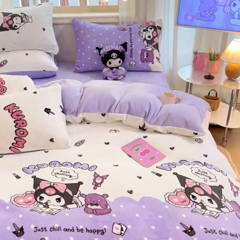 91家纺网 家纺一手货源 找家纺 桃子家居 2024新款三丽鸥卡通加厚高克重200克牛奶绒系列四件套 绒三丽鸥-公主库洛米