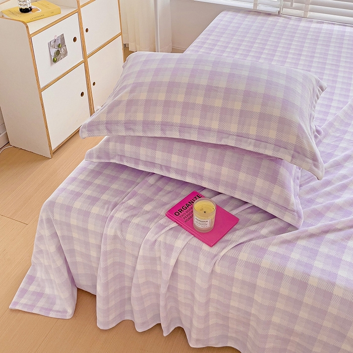 91家纺网 家纺一手货源 找家纺 简一 2024新款牛奶绒无印风ins风方格系列-单枕套 无印风方格方格-浅紫