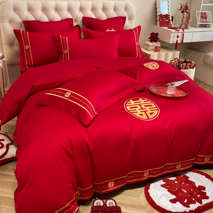 91家纺网 家纺一手货源 找家纺 欧乐蒂 2025新款亲肤棉婚庆刺绣四件套系列 爱恋