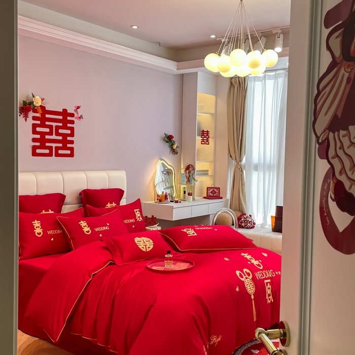 91家纺网 家纺一手货源 找家纺 欧乐蒂 2025新款亲肤棉婚庆刺绣四件套系列 喜愿