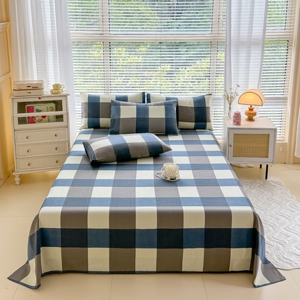 91家纺网 家纺一手货源 找家纺 一比一家纺 2024新款老粗布床单粗布凉席老粗布床单三件套（预留缩水） 蓝大格