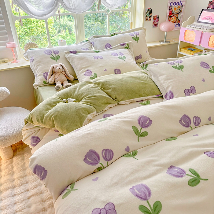 91家纺网 家纺一手货源 找家纺 呗旺鹿 2024新款高克重印花牛奶绒四件套 郁金香