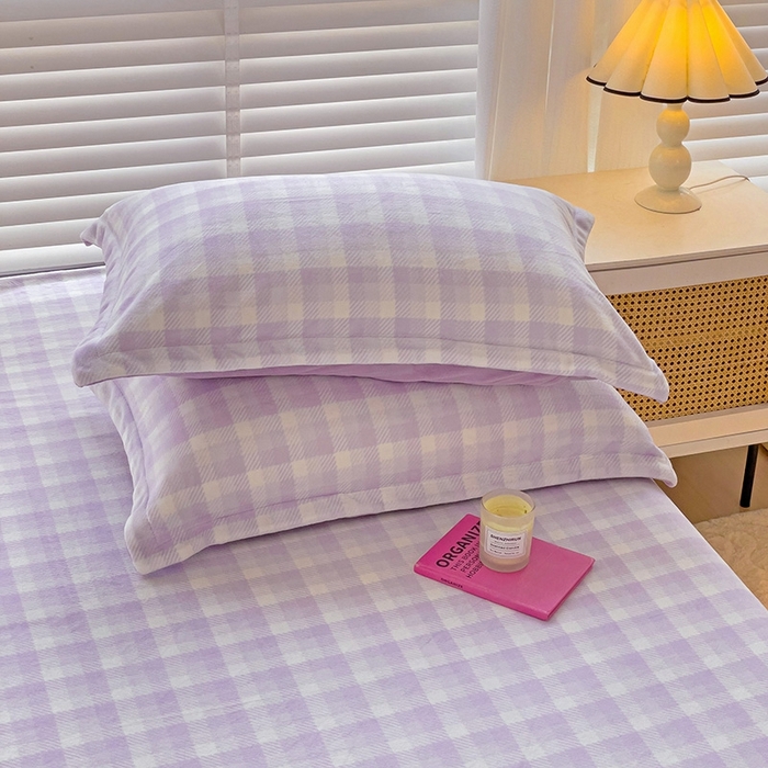 91家纺网 家纺一手货源 找家纺 简一 2024新款牛奶绒无印风ins风方格系列-单枕套 无印风方格方格-浅紫