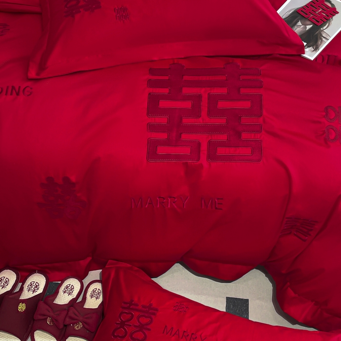 91家纺网 家纺一手货源 找家纺 欧乐蒂 2025新款亲肤棉婚庆刺绣四件套系列 大喜-红