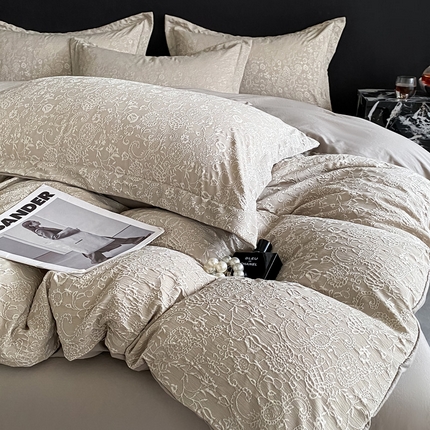 91家纺网 家纺一手货源 找家纺 2025新款水洗棉双层纱提花四件套-洛伊 洛伊浅咖