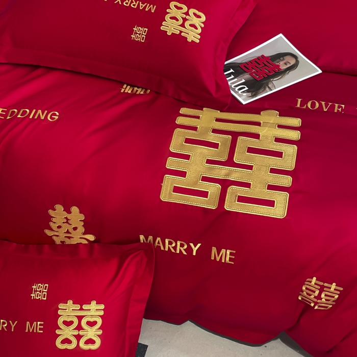 91家纺网 家纺一手货源 找家纺 欧乐蒂 2025新款亲肤棉婚庆刺绣四件套系列 大喜-金