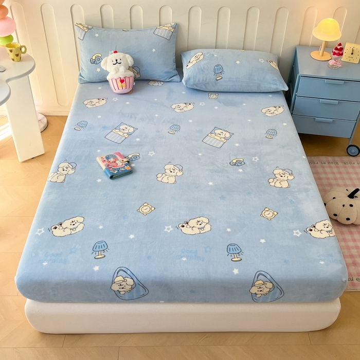 91家纺网 家纺一手货源 找家纺  星座家纺 2025新款小清新牛奶绒单床笠 早安狗