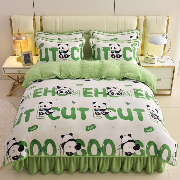 91家纺网 家纺一手货源 找家纺 曼尼家纺2025高克重直播印花床裙款法莱绒金貂珊瑚绒牛奶绒四件套 小熊丫丫