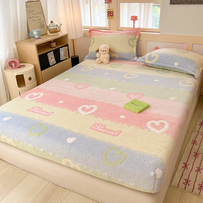 91家纺网 家纺一手货源 找家纺 川悦生活 2024新款高克重雪花绒加厚保暖床笠 床笠彩虹爱语