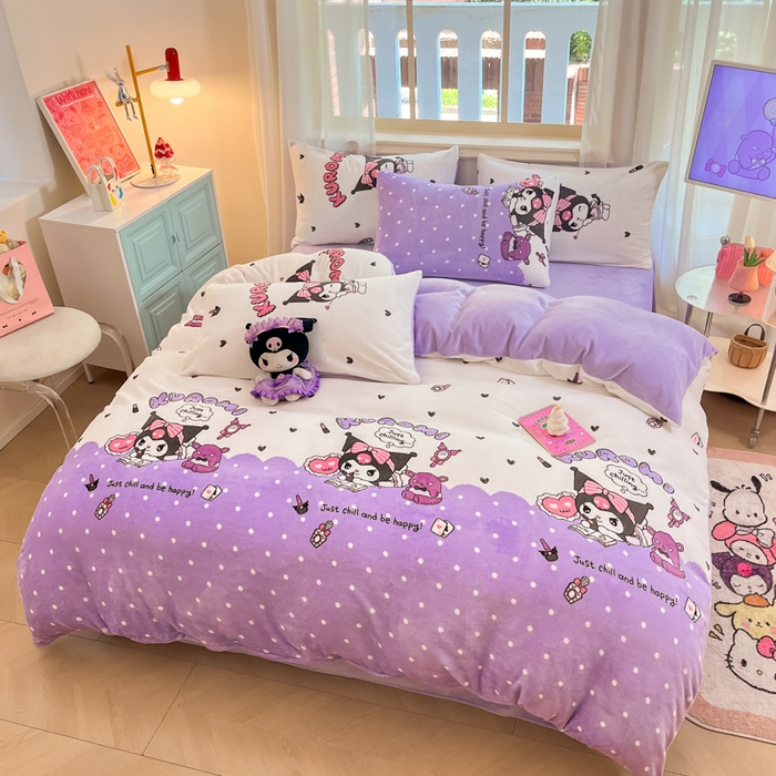 91家纺网 家纺一手货源 找家纺 桃子家居 2024新款三丽鸥卡通加厚高克重200克牛奶绒系列四件套 绒三丽鸥-公主库洛米