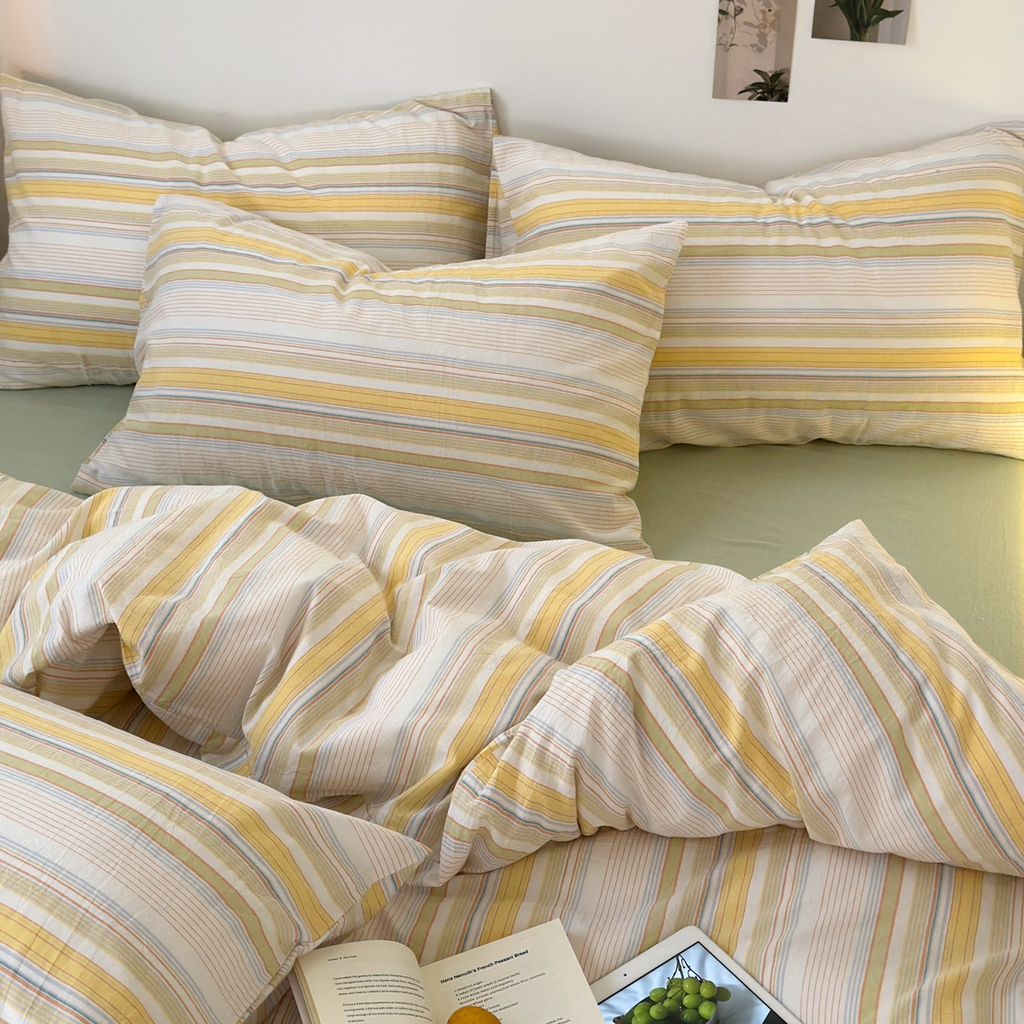 91家纺网 家纺一手货源 找家纺 久典家居 2024新款水洗棉条纹系列四件套 沐妍黄