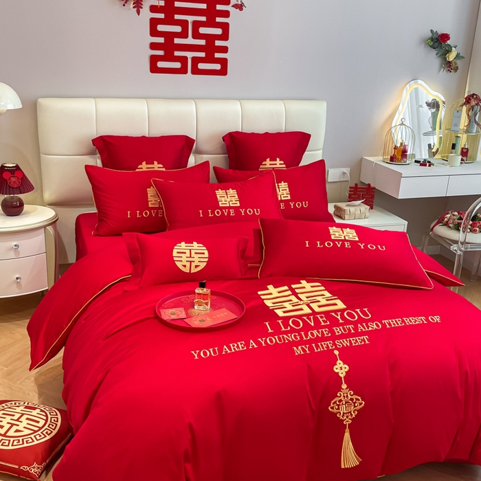 91家纺网 家纺一手货源 找家纺 欧乐蒂 2025新款亲肤棉婚庆刺绣四件套系列 今生今世