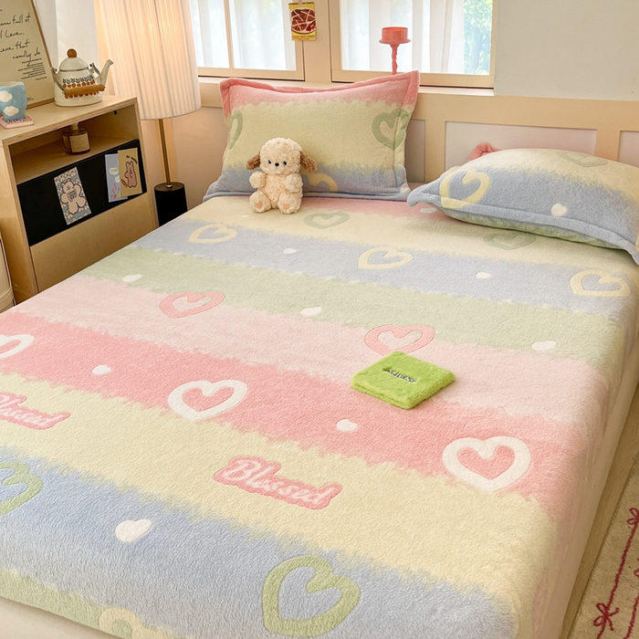 91家纺网 家纺一手货源 找家纺 川悦生活 2024新款高克重雪花绒加厚保暖床笠 床笠彩虹爱语