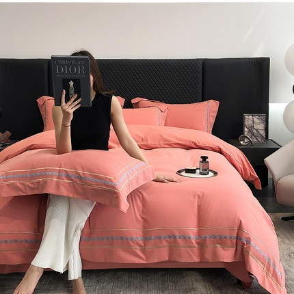 家居1号家纺 2024新款加厚全棉磨毛宽边刺绣拼角四件套-维多利 维多利 樱桃红