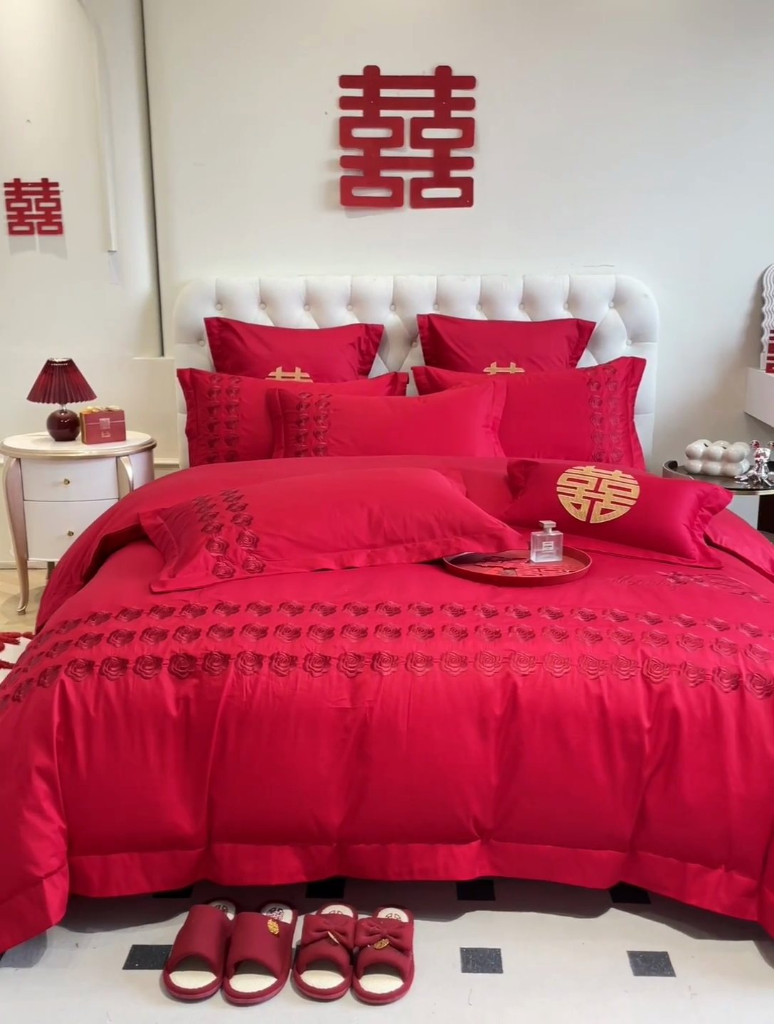 91家纺网 家纺一手货源 找家纺 欧乐蒂 2025新款亲肤棉婚庆刺绣四件套系列 水晶之恋