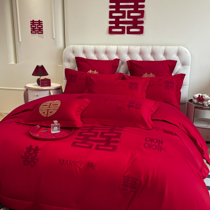 91家纺网 家纺一手货源 找家纺 欧乐蒂 2025新款亲肤棉婚庆刺绣四件套系列 大喜-红