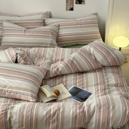 久典家居 2024新款水洗棉条纹系列单被套 沐妍粉