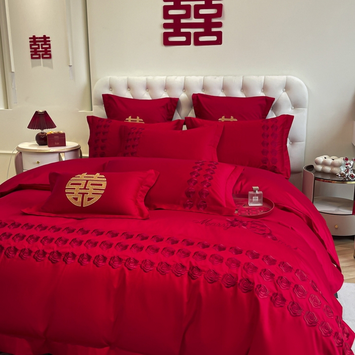 91家纺网 家纺一手货源 找家纺 欧乐蒂 2025新款亲肤棉婚庆刺绣四件套系列 水晶之恋