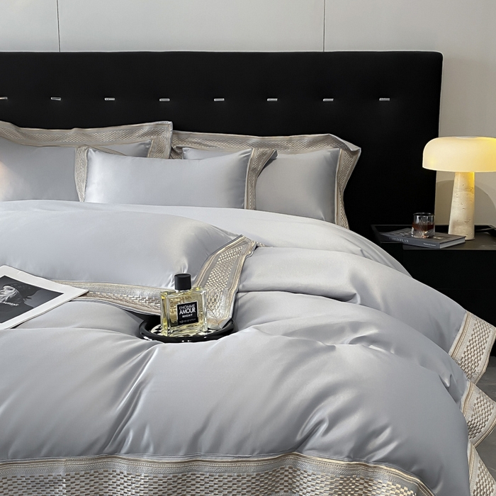 91家纺网 家纺一手货源 找家纺 欧乐蒂 2025新款高支高密水洗贡缎全棉四件套-简爱 简爱高级灰