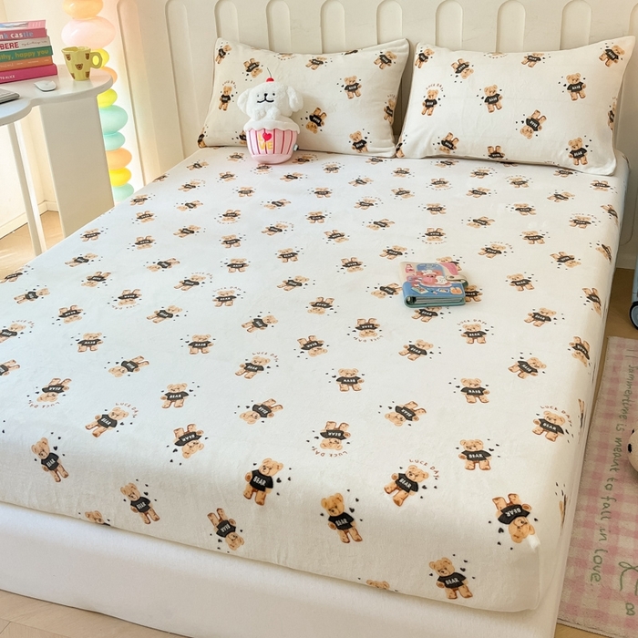 91家纺网 家纺一手货源 找家纺  星座家纺 2025新款小清新牛奶绒单床笠 快乐小熊